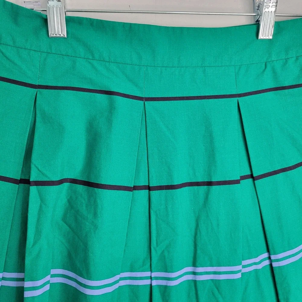 Ann Taylor Green Striped Pleated A-Line Skirt Pockets Size 14 Cotton Blend - Picture 5 of 11